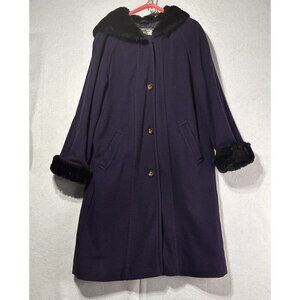 LL Bean Wool Alpaca Hooded Coat Faux Fur Trim Royal Purple Small/Med USA Vintage